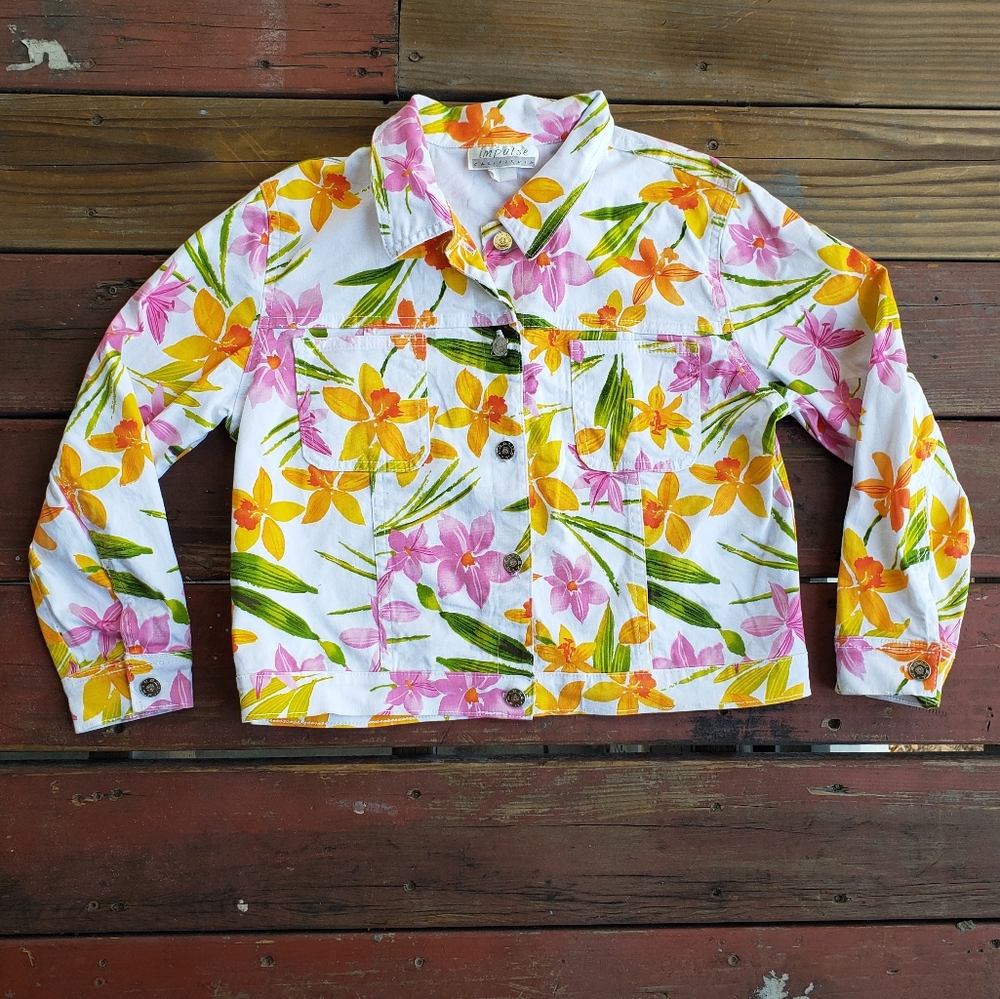 Vintage White Pink Orange Tropical Floral Jean Jacket Half Sleeves - Picture 6 of 14